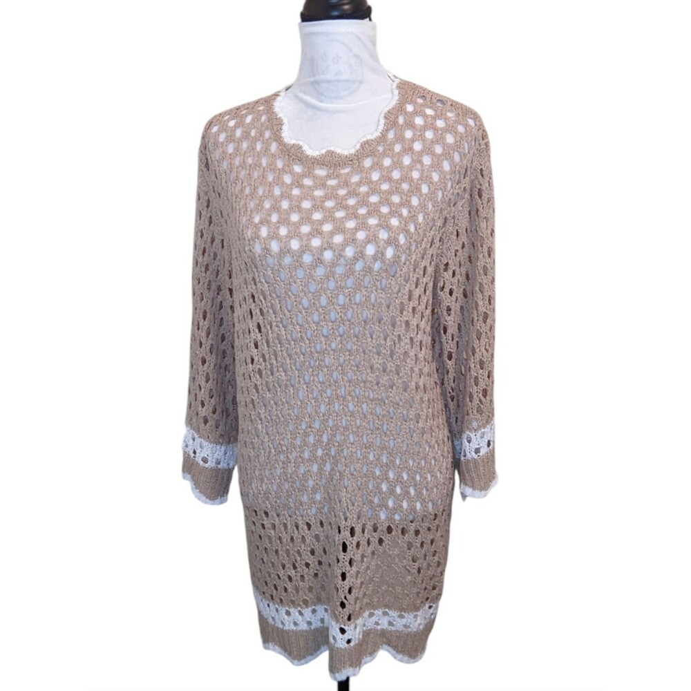 NWT MUDPIE Sweater Women's Open Weave Lightweight Crochet Taupe Oversized Long